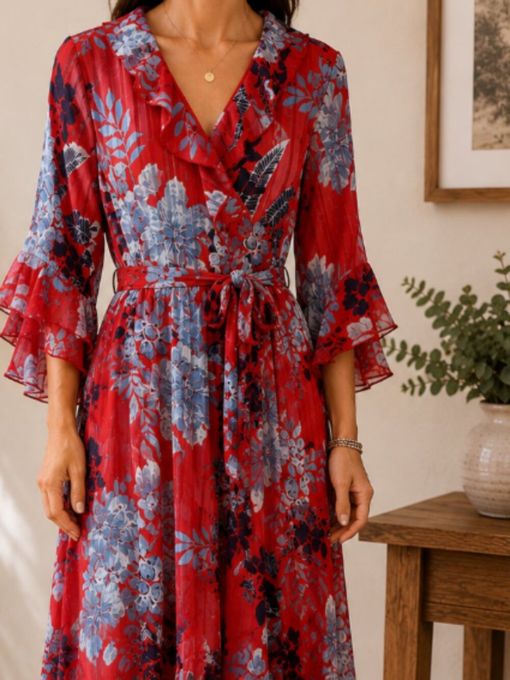 Beautiful Red Floral Wrap Dress